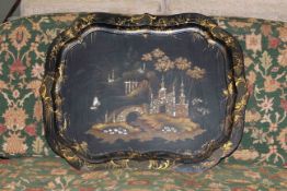 Large rectangular papier mache and mother of pearl inlaid tray