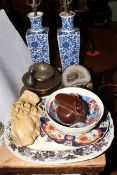 Pair blue and white table lamps, Imari bowls, brass, minerals, camera etc.