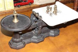 Vintage Day and Millward ceramic and iron kitchen scales with seven bell weights