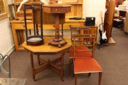 Walnut octagonal centre table, pair inlaid mahogany side chairs, inlaid mahogany Sutherland table,