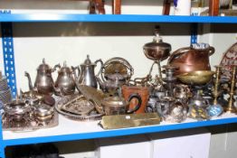 Collection of metalware including silver plate, brass and copper, binoculars, motoring badges etc.