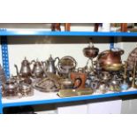Collection of metalware including silver plate, brass and copper, binoculars, motoring badges etc.