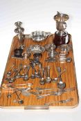 Tray lot with silver small items, including porringer, bon bon, trophy cup, teaspoons etc.