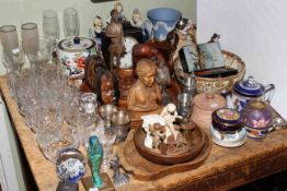 Glass wares, wood carvings, clock, china etc.