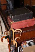 Table top gramophone, 78 records and collection of walking sticks,