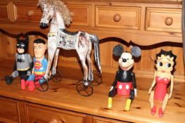 Wooden horse and four jointed wooden figures, Batman, Superman,