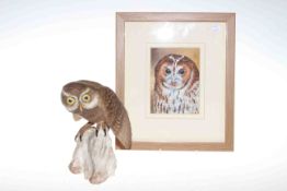 Spode model of a Little Owl: together with a watercolour of an owl by Mike Woodcock