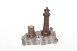 Novelty polished and carved stone compass - inset lighthouse model