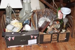 Two boxes of ornaments, table lamps, glass, china etc.