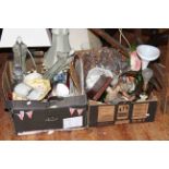 Two boxes of ornaments, table lamps, glass, china etc.