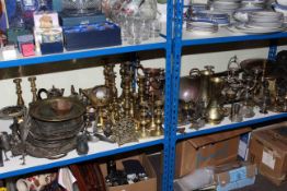collection of metalware, including brass, copper, silver plate, two copper warming pans etc.