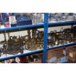 collection of metalware, including brass, copper, silver plate, two copper warming pans etc.