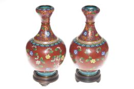 Pair cloisonne vases, the bulbous bodies with flower decoration,