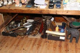 Mixed lot with brass shell vases, old kitchen scales, carvings, metal wares etc.