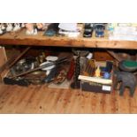 Mixed lot with brass shell vases, old kitchen scales, carvings, metal wares etc.