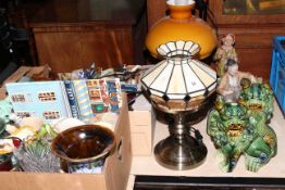 Three various lamps, pair of dogs of fo, two Capodimonte figures, glass, china etc.