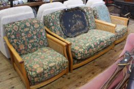 Ercol cane panelled two seater three piece lounge suite in green tapestry fabric