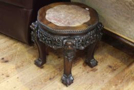 Carved Oriental hardwood and marble inset jardiniere stand,