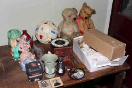 Portrait miniature, tiny silver clock, two teddies, clock, dolls, football, china etc.