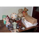 Portrait miniature, tiny silver clock, two teddies, clock, dolls, football, china etc.