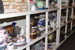 Full shelf of china and glass, silver plated ware, vases, musical table, swords, shooting stick,