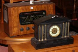 Victorian slate mantel clock and walnut cased Ambassador 1950's radio