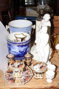 Two Parian figures, one Miranda, ornate Davenport plates, pot pourri and vases,