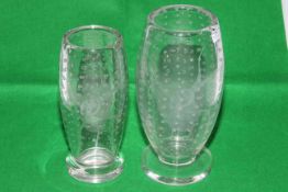 Two art glass vases engraved with birds