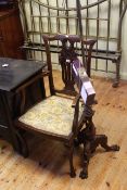 Late Victorian mahogany armchair and Victorian pole screen base on hairy paw feet converted to lamp