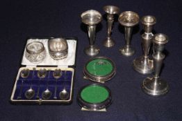 Silver small items including coffee spoons, vases, candlesticks, frames,