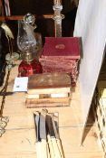 Old volumes, Ancient Relics and Shakespeare, two glass decanters,
