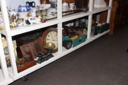 Various clocks, balance scales, kitchen scales, weights, rosewood barometer, lamp, china teaware,