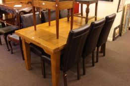 Large oak refectory draw leaf table and six faux leather dining chairs