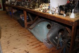 Large collection of old car parts, tools, jack, tyres, bench vice,
