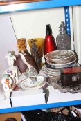 Three Royal Doulton Snowman figures and piano, Beswick osprey decanter, two soda siphons, plates,