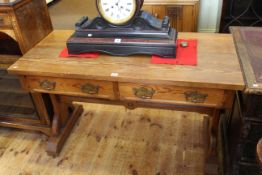 Pitch pine lyre end two drawer side table