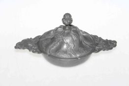 Lidded embossed pewter dish and cover