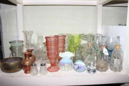 Collection of various glassware including vaseline vase, Caithness and Wedgwood paperweights,