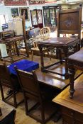 Oak lyre end refectory dining table and six carved panel back dining chairs