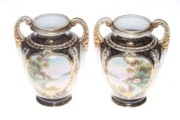 Pair Noritake two handled vases with painted landscapes