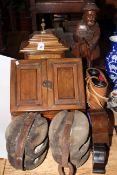 Antique mantel clock, carved figure, binoculars, stationery box,