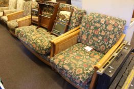 Ercol light wood bergere style three piece lounge suite