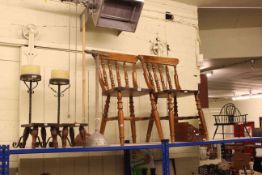 Pair of kitchen chairs, pair of brass standard lamps and shades, two copper possers,