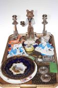 Tray lot with pair Sheffield plate candlesticks, greyhound inkwell, Coalport plate,