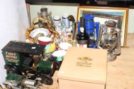 Various china, two Tilly style lamps, bottle of Port, model cars,