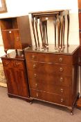 Mahogany five height chest, nest of three tables, bedside pedestal, hi-fi cabinet,