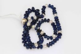 Natural sapphire and freshwater pearl bead necklace with silver clasp