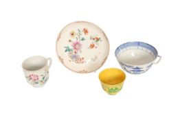 A GROUP OF CHINESE AND OTHER CERAMICS: comprising a yellow ground wine cup painted with green