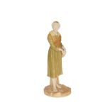 A ROYAL WORCESTER FIGURE OF A FRENCH FISHER GIRL, modelled carrying a small basket by her side,