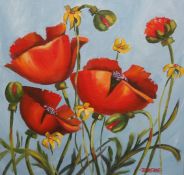 LYNNE JOHNSTONE, POPPY PALS, signed lower left, oil on canvas, framed under glass. 28.5cm by 28.